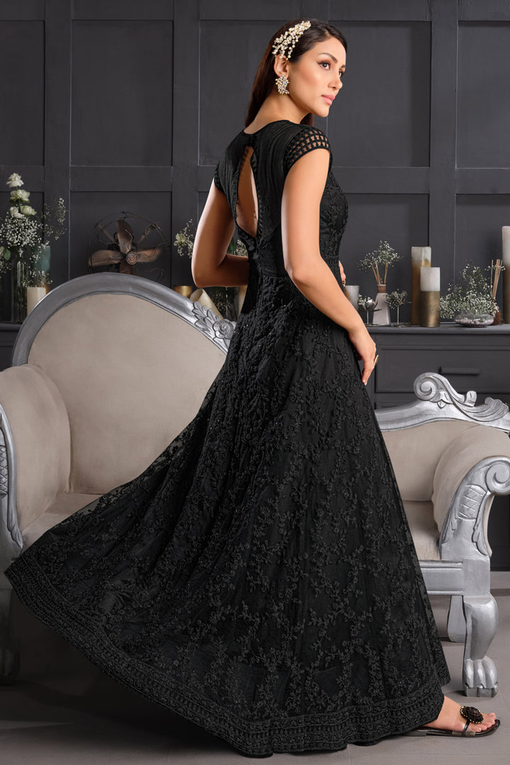 Black Color Party Style Embroidered Net Fabric Anarkali Salwar Kameez