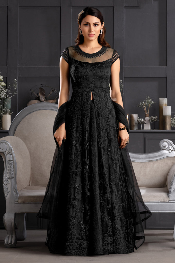 Black Color Party Style Embroidered Net Fabric Anarkali Salwar Kameez