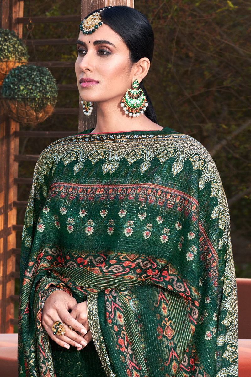 Dark Green Color Georgette Fabric Appealing Embroidered Work Festive Wear Salwar Suit