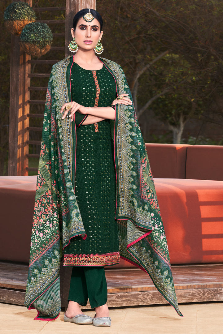 Dark Green Color Georgette Fabric Appealing Embroidered Work Festive Wear Salwar Suit