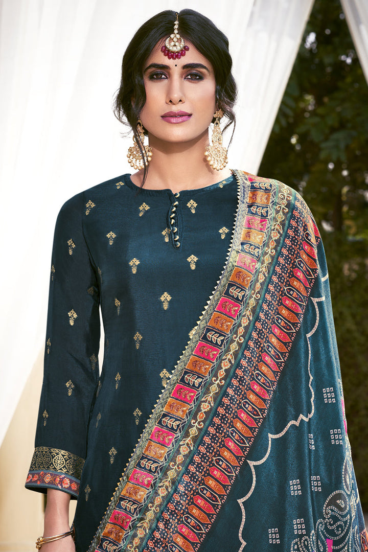 Sangeet Wear Fancy Fabric Teal Color Ravishing Sharara Suit With Digital Printed Dupatta