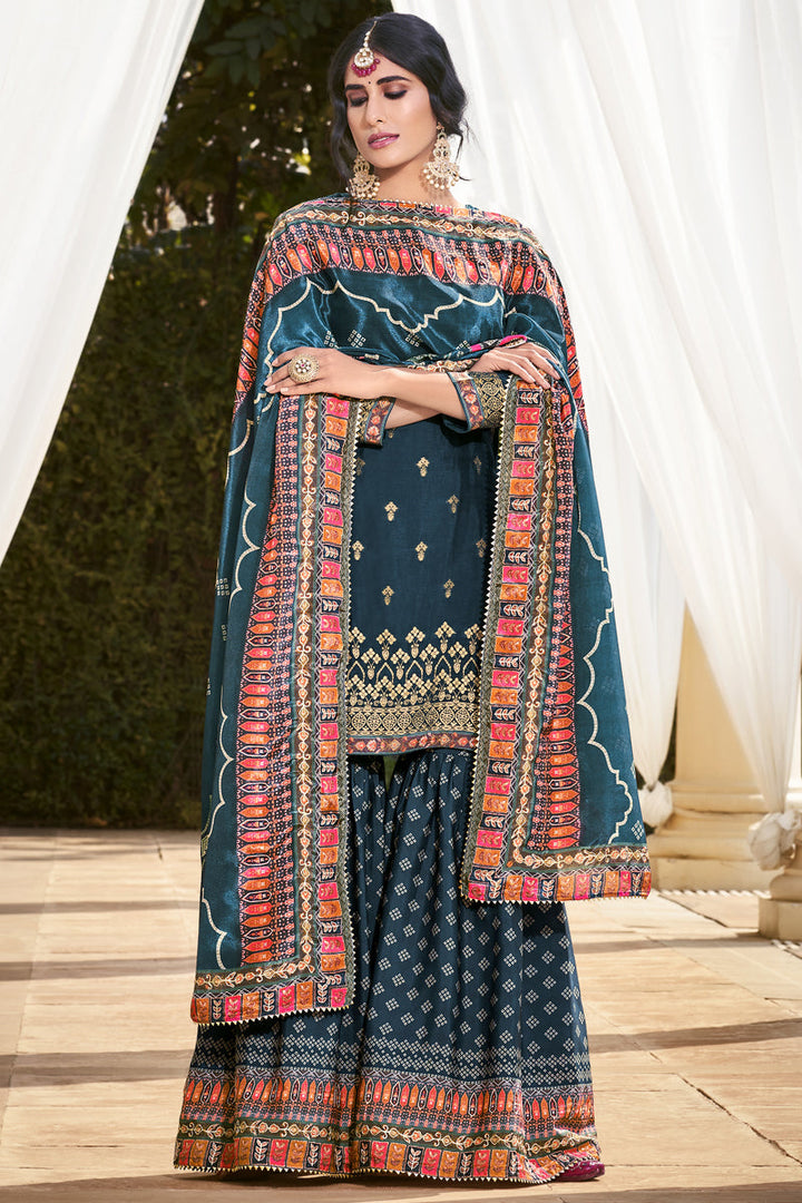 Sangeet Wear Fancy Fabric Teal Color Ravishing Sharara Suit With Digital Printed Dupatta