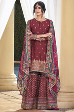 Load image into Gallery viewer, Charismatic Maroon Color Sangeet Wear Sharara Suit With Digital Printed Dupatta

