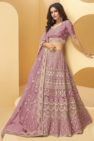 Embroidered Pink Color Reception Wear Designer Lehenga Choli In Net Fabric