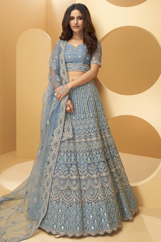 Net Fabric Wedding Wear Grey Color Embroidered Lehenga Choli