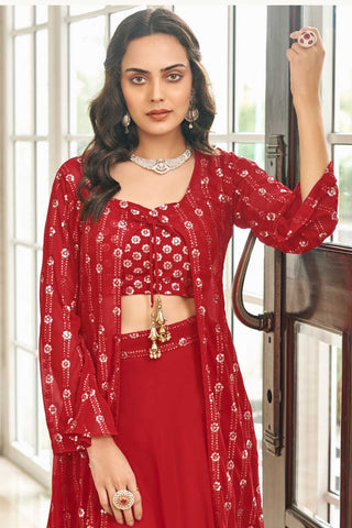 Dazzling Georgette Fabric Red Color Embroidered Sharara Top Lehenga