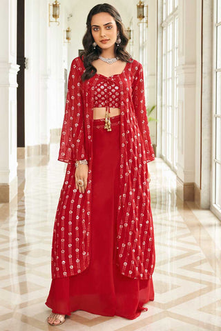 Dazzling Georgette Fabric Red Color Embroidered Sharara Top Lehenga