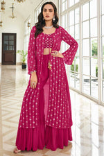 Load image into Gallery viewer, Georgette Fabric Rani Color Excellent Embroidered Palazzo Suit With Jacket
