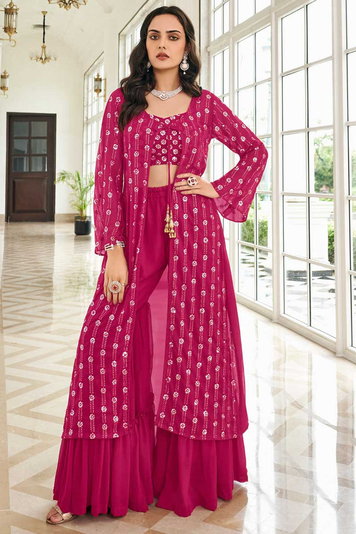 Georgette Fabric Rani Color Excellent Embroidered Palazzo Suit With Jacket