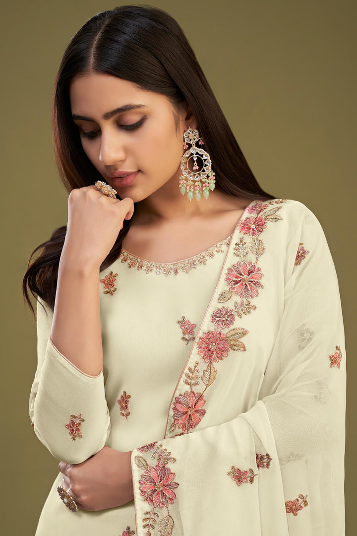 Beige Color Embroidered Function Wear Palazzo Salwar Suit In Georgette Fabric