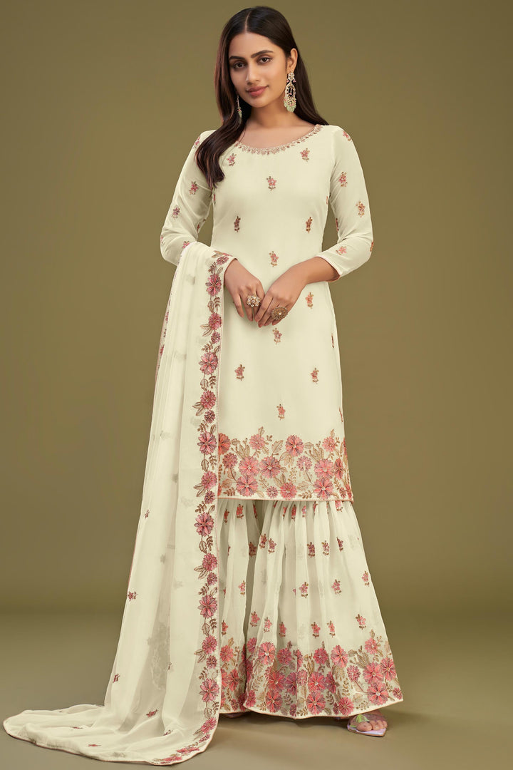 Beige Color Embroidered Function Wear Palazzo Salwar Suit In Georgette Fabric