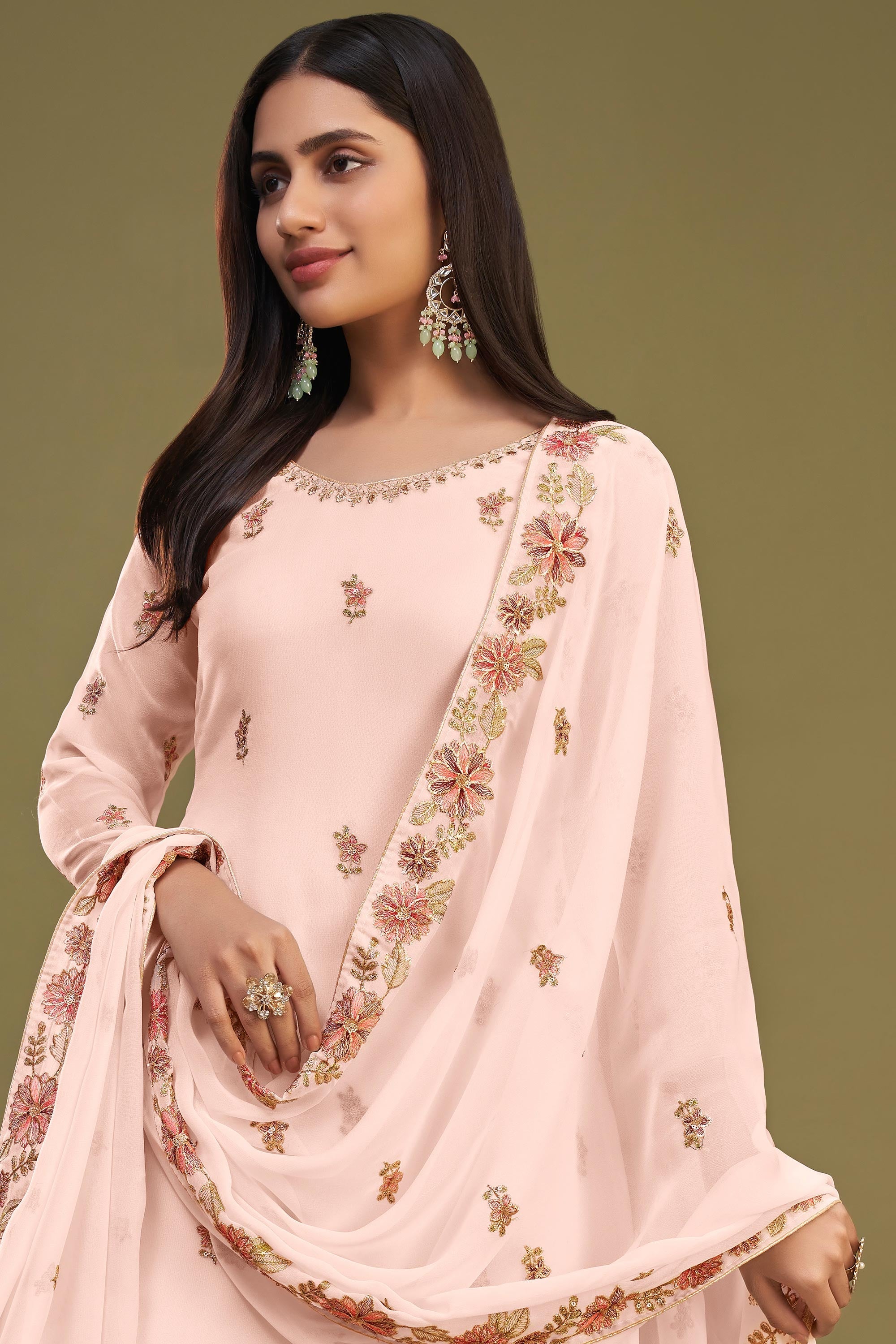 Georgette Fabric Embroidered Festive Wear Palazzo Suit In Peach Color