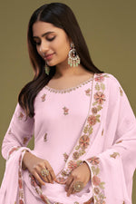 Load image into Gallery viewer, Georgette Fabric Embroidered Pink Color Festive Wear Palazzo Salwar Suit
