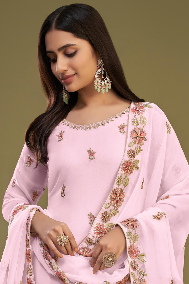 Georgette Fabric Embroidered Pink Color Festive Wear Palazzo Salwar Suit