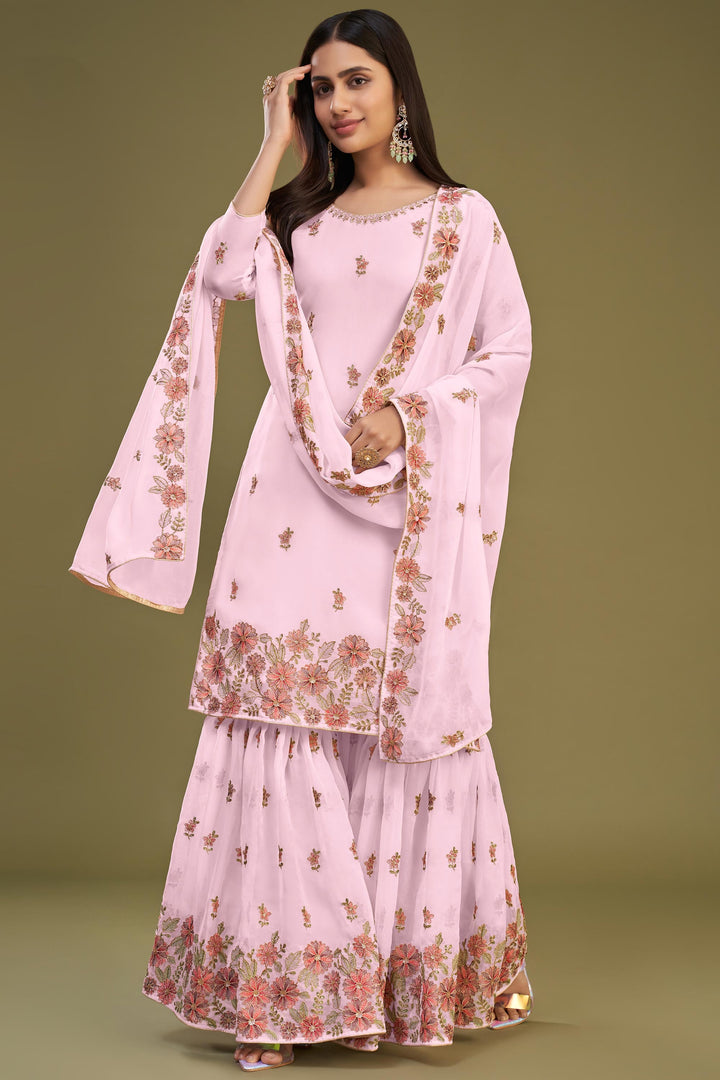 Georgette Fabric Embroidered Pink Color Festive Wear Palazzo Salwar Suit