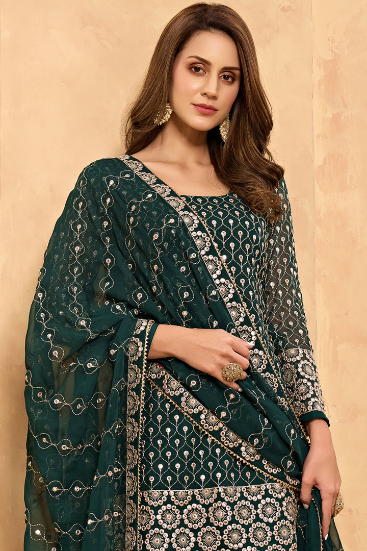 Georgette Fabric Function Wear Embroidered Dark Green Color Sharara Suit