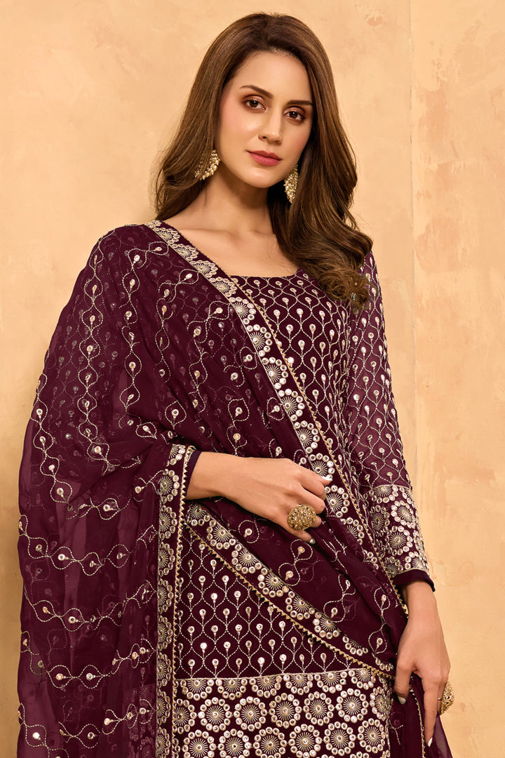 Georgette Fabric Festive Wear Maroon Color Embroidered Sharara Suit