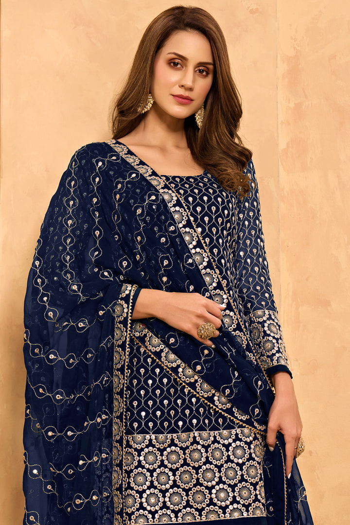 Navy Blue Color Georgette Fabric Function Wear Fancy Embroidered Sharara Suit