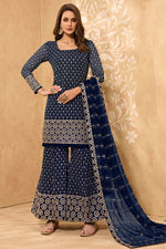 Load image into Gallery viewer, Navy Blue Color Georgette Fabric Function Wear Fancy Embroidered Sharara Suit
