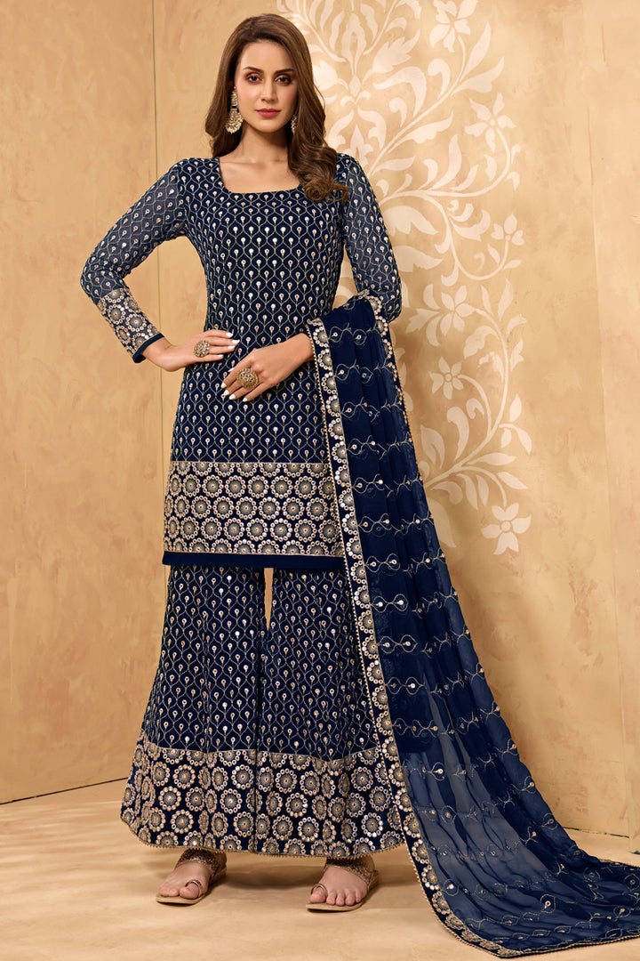 Navy Blue Color Georgette Fabric Function Wear Fancy Embroidered Sharara Suit