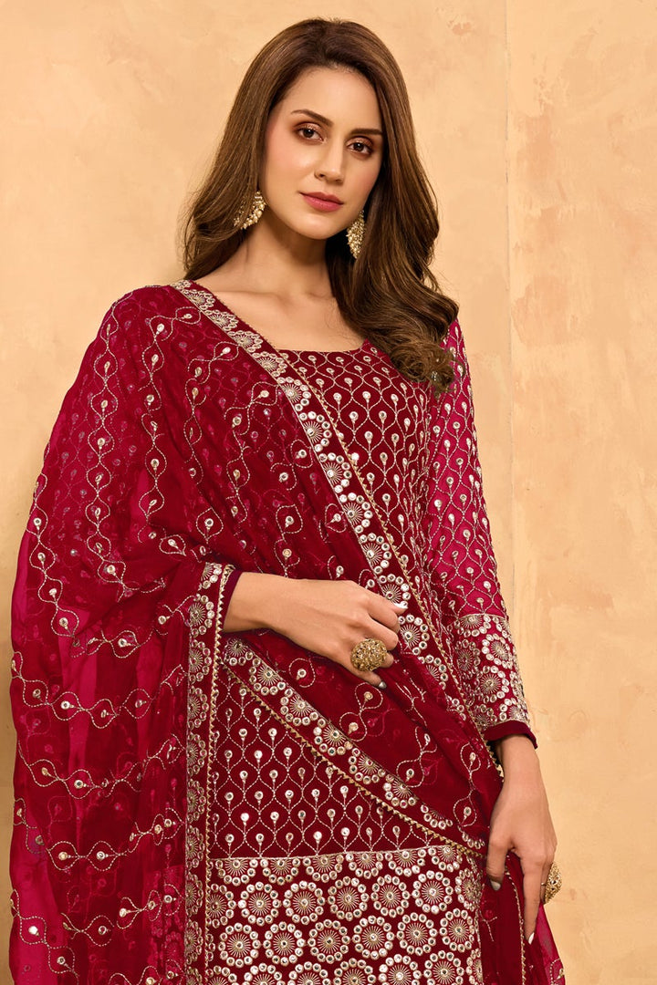 Georgette Fabric Festive Wear Red Color Embroidered Designer Sharara Suit