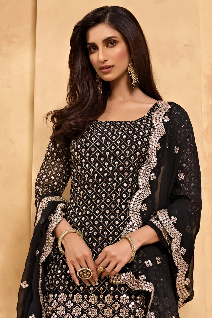 Party Wear Black Color Georgette Fabric Embroidered Sharara Suit