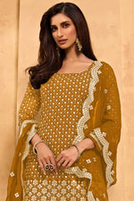 Load image into Gallery viewer, Sangeet Wear Georgette Fabric Embroidered Sharara Suit In Mustard Color
