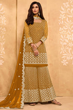 Load image into Gallery viewer, Sangeet Wear Georgette Fabric Embroidered Sharara Suit In Mustard Color
