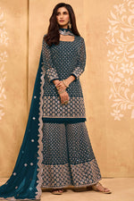 Load image into Gallery viewer, Teal Color Georgette Fabric Festive Wear Embroidered Sharara Suit
