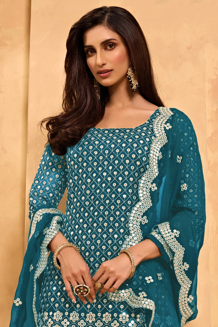 Georgette Fabric Festive Wear Embroidered Cyan Color Sharara Suit