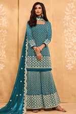 Load image into Gallery viewer, Georgette Fabric Festive Wear Embroidered Cyan Color Sharara Suit
