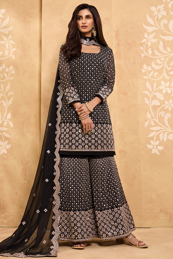 Party Wear Black Color Georgette Fabric Embroidered Sharara Suit
