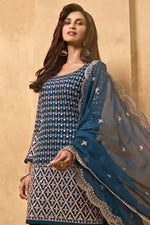 Load image into Gallery viewer, Georgette Fabric Function Wear Embroidered Navy Blue Color Sharara Suit
