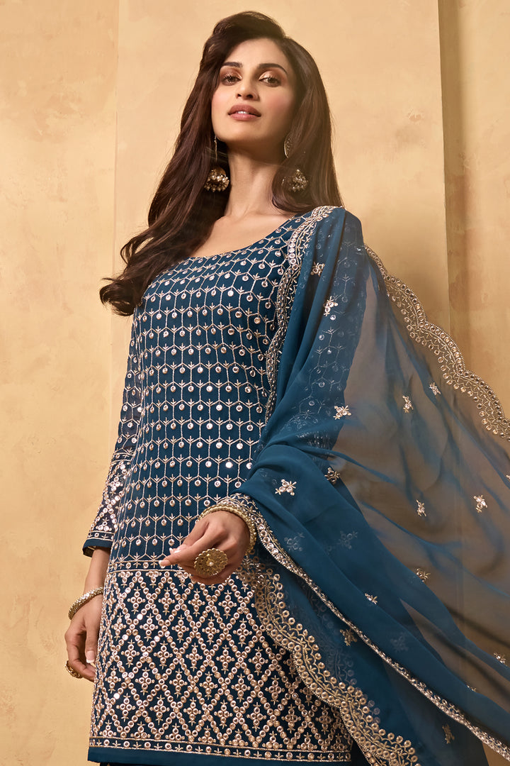 Georgette Fabric Function Wear Embroidered Navy Blue Color Sharara Suit