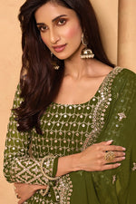 Load image into Gallery viewer, Embroidered Mehendi Green Color Function Wear Georgette Fabric Sharara Suit
