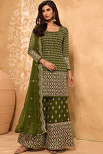 Load image into Gallery viewer, Embroidered Mehendi Green Color Function Wear Georgette Fabric Sharara Suit
