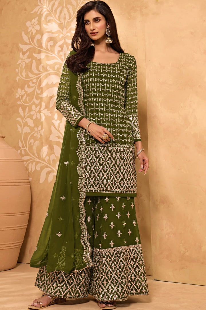 Embroidered Mehendi Green Color Function Wear Georgette Fabric Sharara Suit