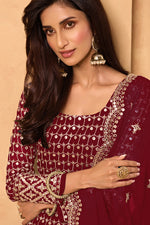 Load image into Gallery viewer, Festive Wear Maroon Color Embroidered Georgette Fabric Sharara Suit
