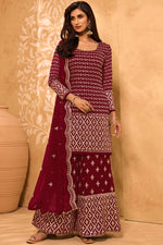 Load image into Gallery viewer, Festive Wear Maroon Color Embroidered Georgette Fabric Sharara Suit
