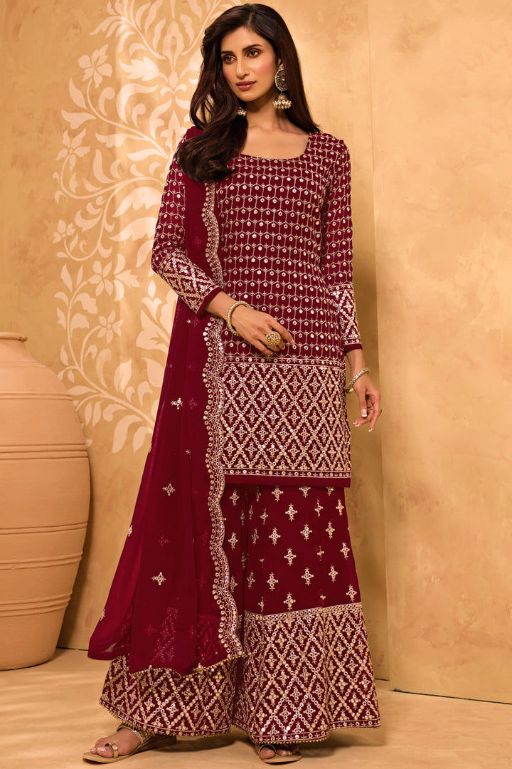 Festive Wear Maroon Color Embroidered Georgette Fabric Sharara Suit