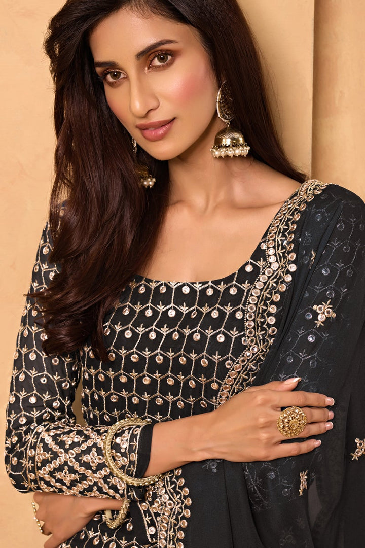 Black Color Embroidered Function Wear Georgette Fabric Sharara Suit