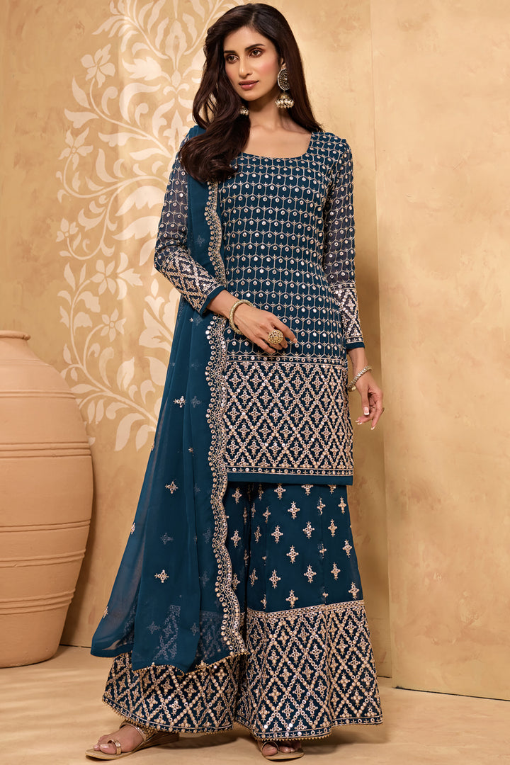 Georgette Fabric Function Wear Embroidered Navy Blue Color Sharara Suit