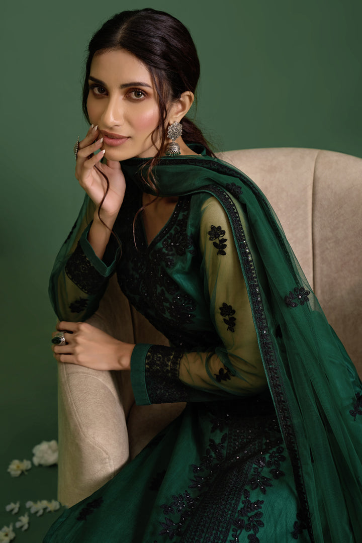 Dark Green Color Party Style Thread Embroidered Net Fabric Salwar Kameez