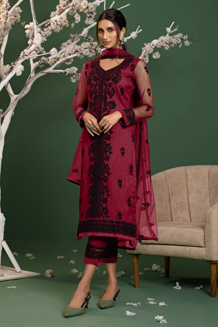 Net Fabric Party Style Pink Color Thread Embroidered Salwar Suit