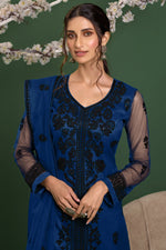 Load image into Gallery viewer, Blue Color Net Fabric Party Style Thread Embroidered Salwar Kameez
