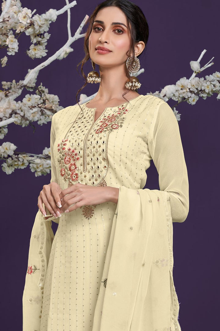 Georgette Fabric Party Wear Beige Color Embroidered Palazzo Suit