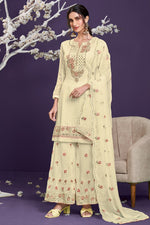 Load image into Gallery viewer, Georgette Fabric Party Wear Beige Color Embroidered Palazzo Suit
