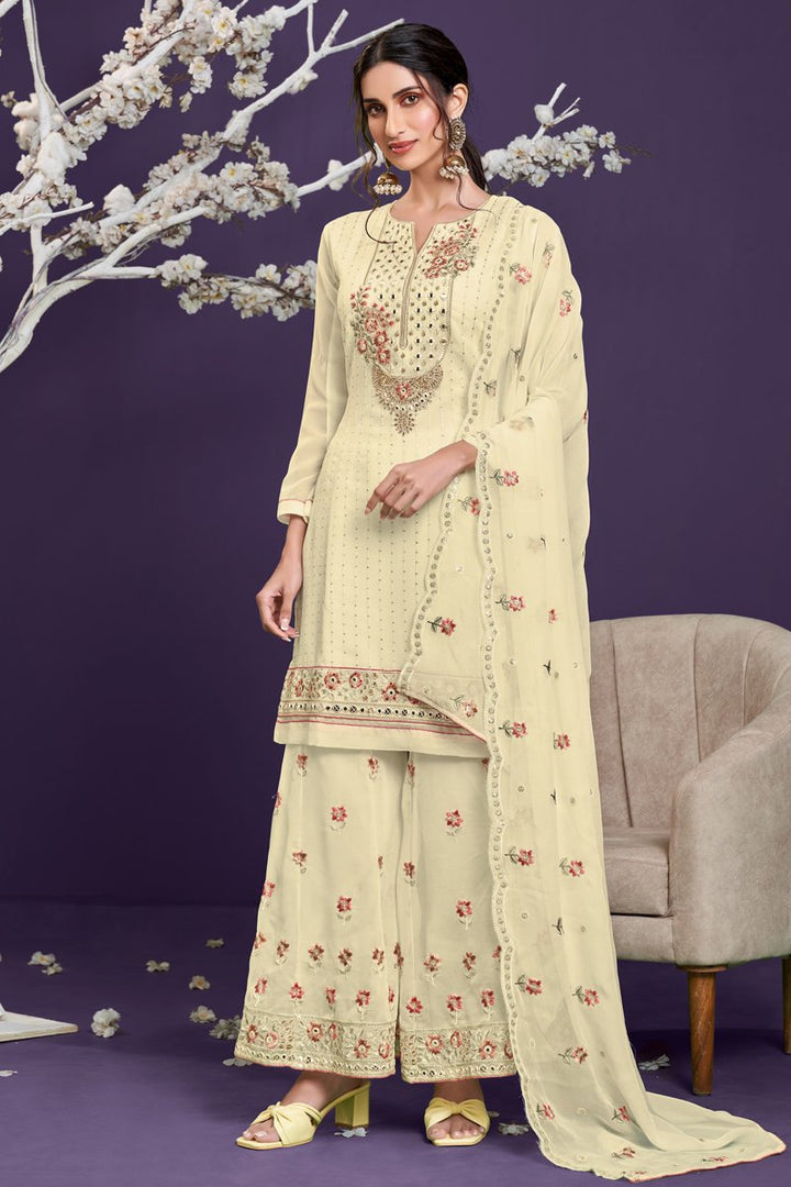 Georgette Fabric Party Wear Beige Color Embroidered Palazzo Suit