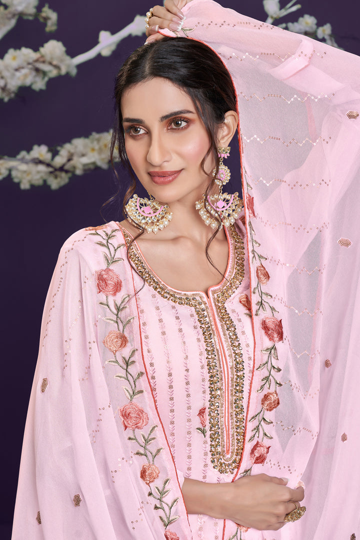 Pink Georgette Fabric Festive Wear Embroidered Palazzo Suit
