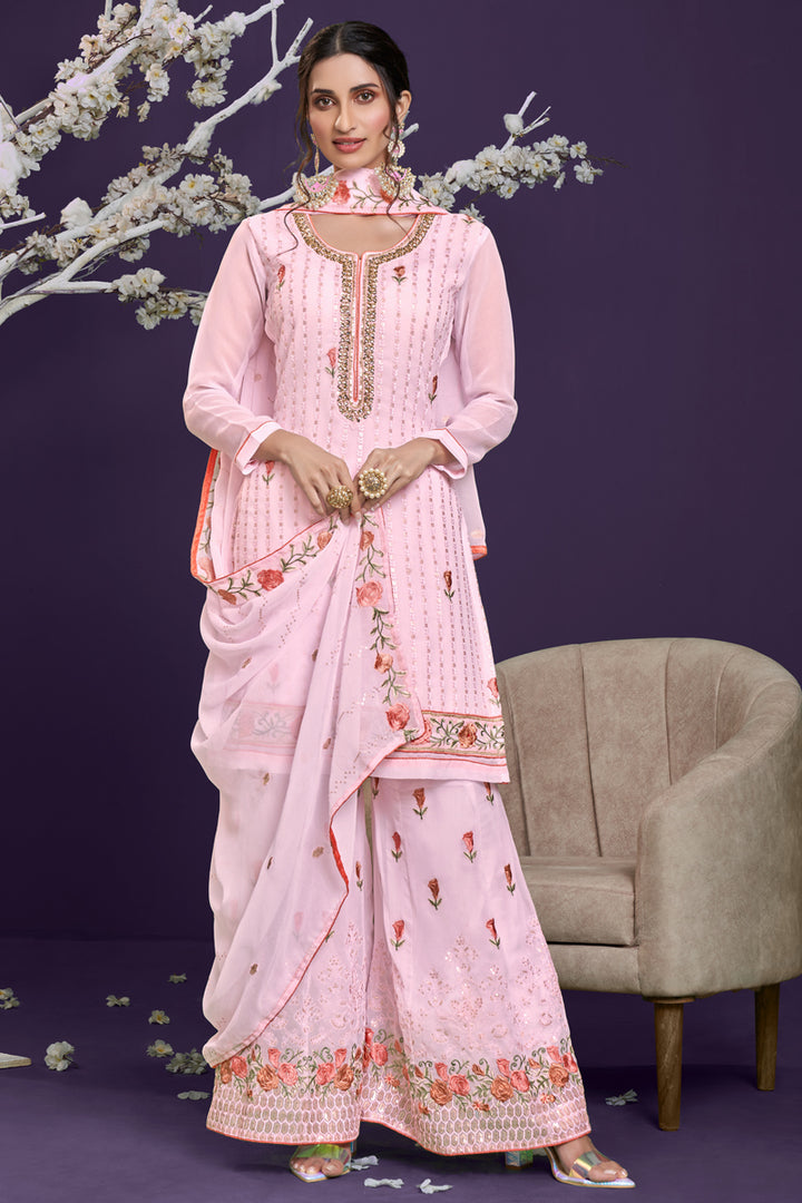 Pink Georgette Fabric Festive Wear Embroidered Palazzo Suit